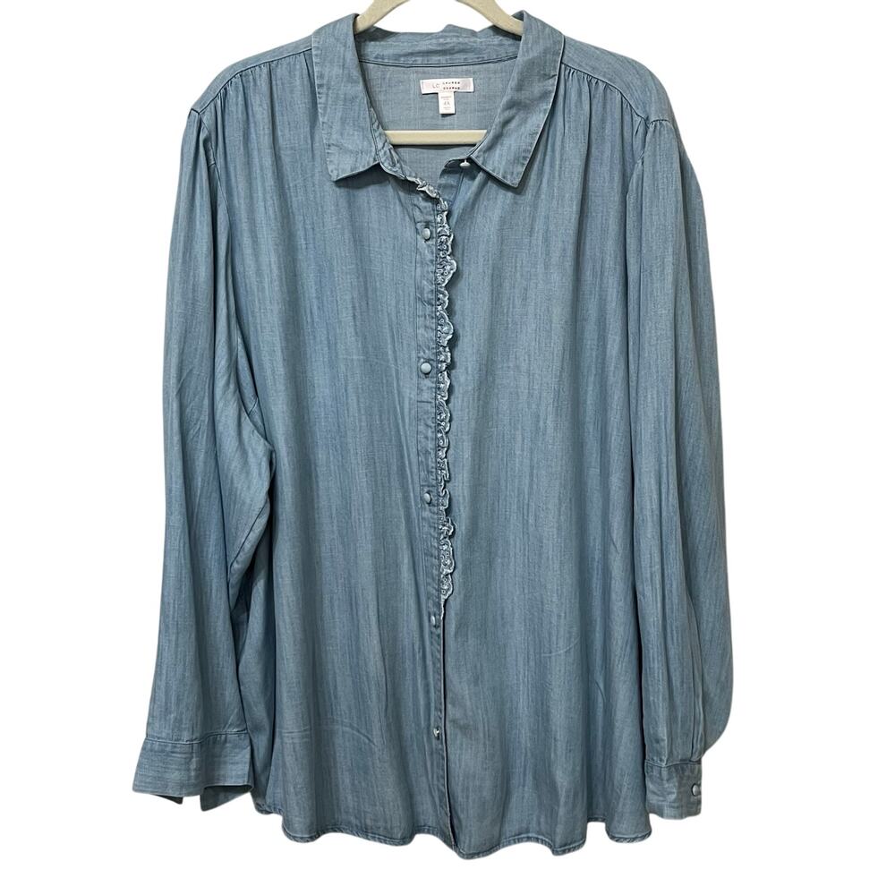 Lauren Conrad Women’s Plus Size 4X Chambray‎ Button Up Top Eyelet Cottagecore